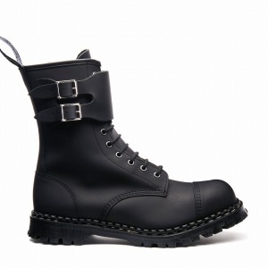 Solovair Greasy 10 Eye Steel Toe Capped Zip Twin Strap Miesten Derby Saappaat Mustat | GF10-1982-BG-ZIP-045