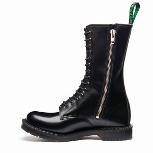 Solovair Hi-Shine 14 Eye Zip Miesten Derby Saappaat Mustat | S14-14-BK-ZIP-G-030